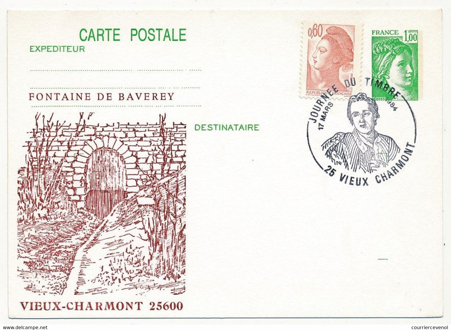 Entier Repiqué - CP 1,60 Liberté - Journée Du Timbre 1984 - 25 VIEUX CHARMONT - Overprinter Postcards (before 1995)