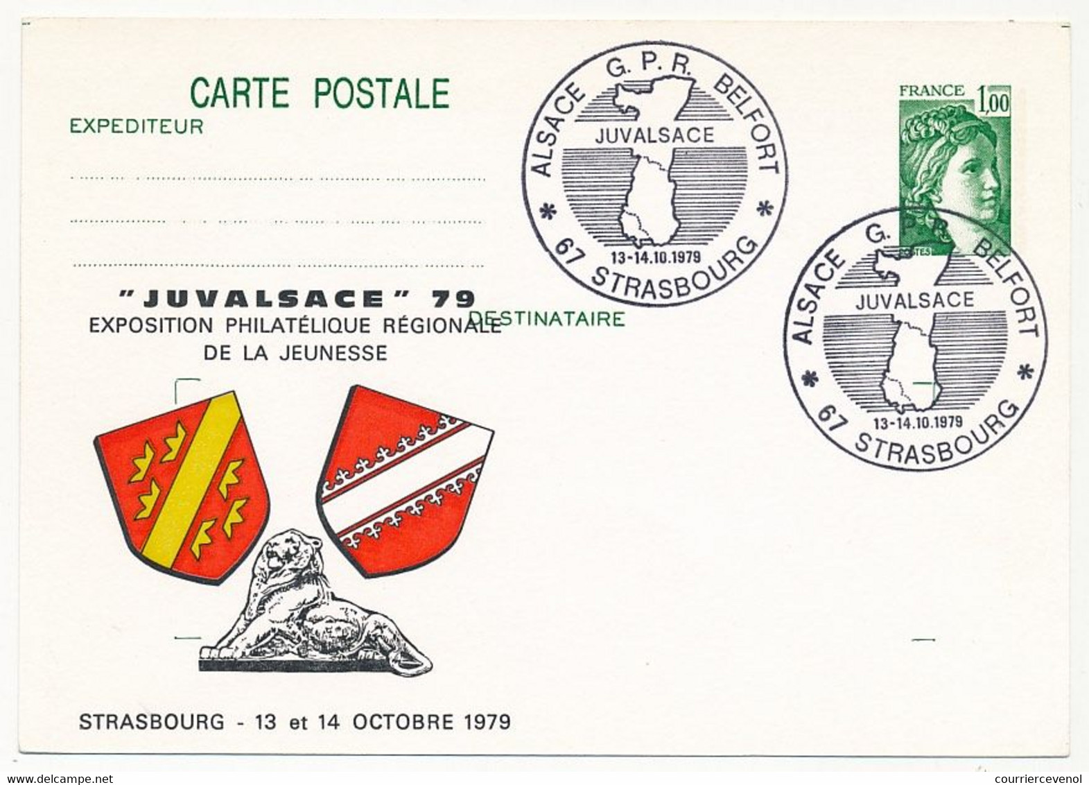 Entier Repiqué - CP 1,00 Sabine - Juvalsace 79 - Alsace G.P.R. Belfort - 13/14 Oct 1978 - Strasbourg - Postales  Transplantadas (antes 1995)