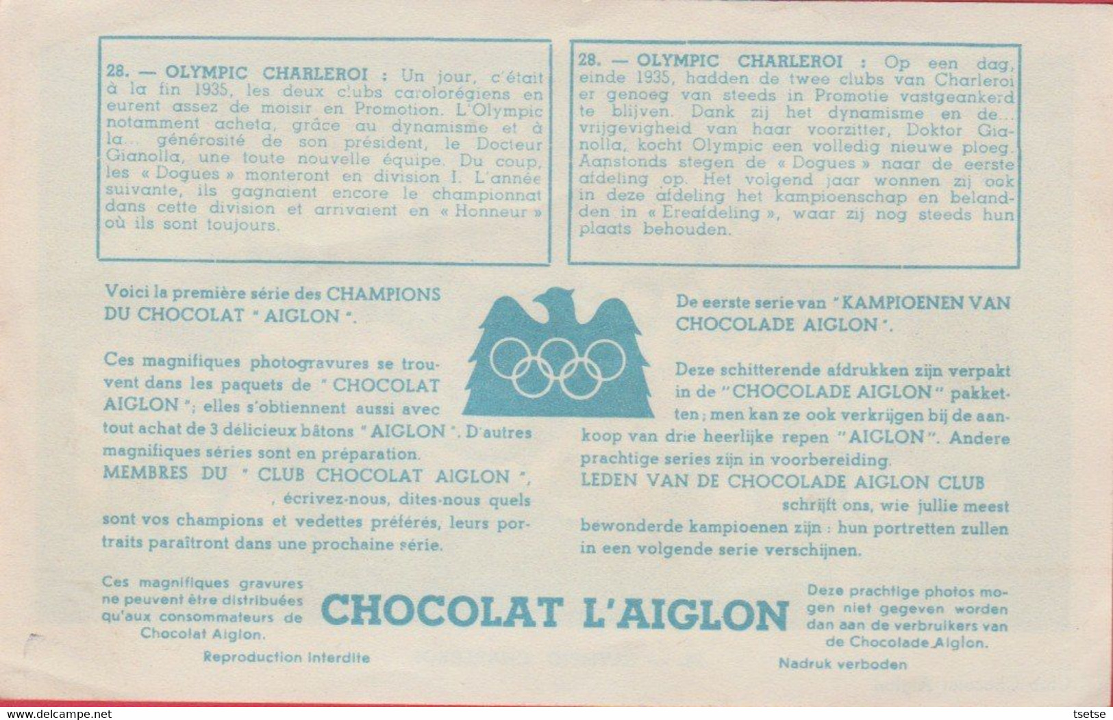 Olympic De Charleroi ...années 30 , Chromo Offert Par Le Chocolat Aiglon ...historique Du Club Au Verso ( Voir Verso ) - Trading Cards