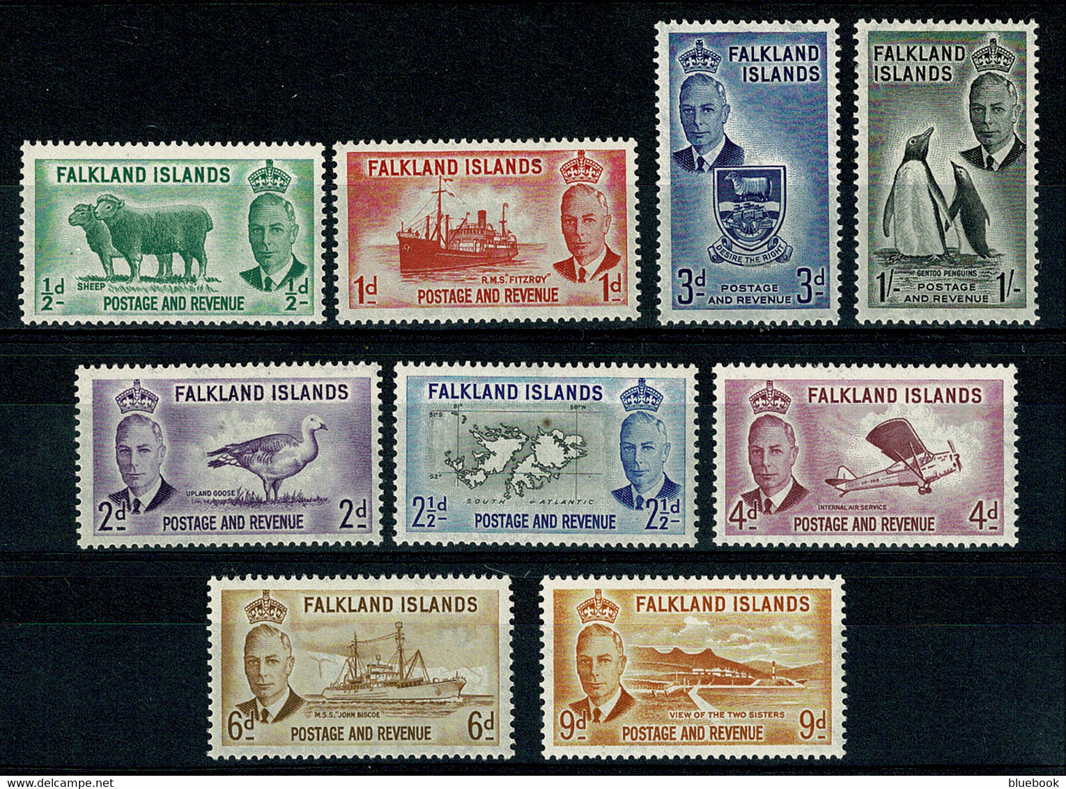 Ref 1559 - Falkland Islands 1952 KGVI - 1/2d - 1/= SG 172-180 Lightly Mounted Mint Stamps - Falkland Islands