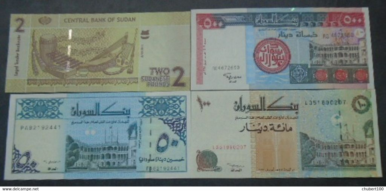 SUDAN , P 54d 56 58a 71 ,  100 + 50 + 500 Dinars + 2 Pounds ,  1994 + 1992 + 1998 + 2011, UNC , Neuf, 5 Notes - Sudan
