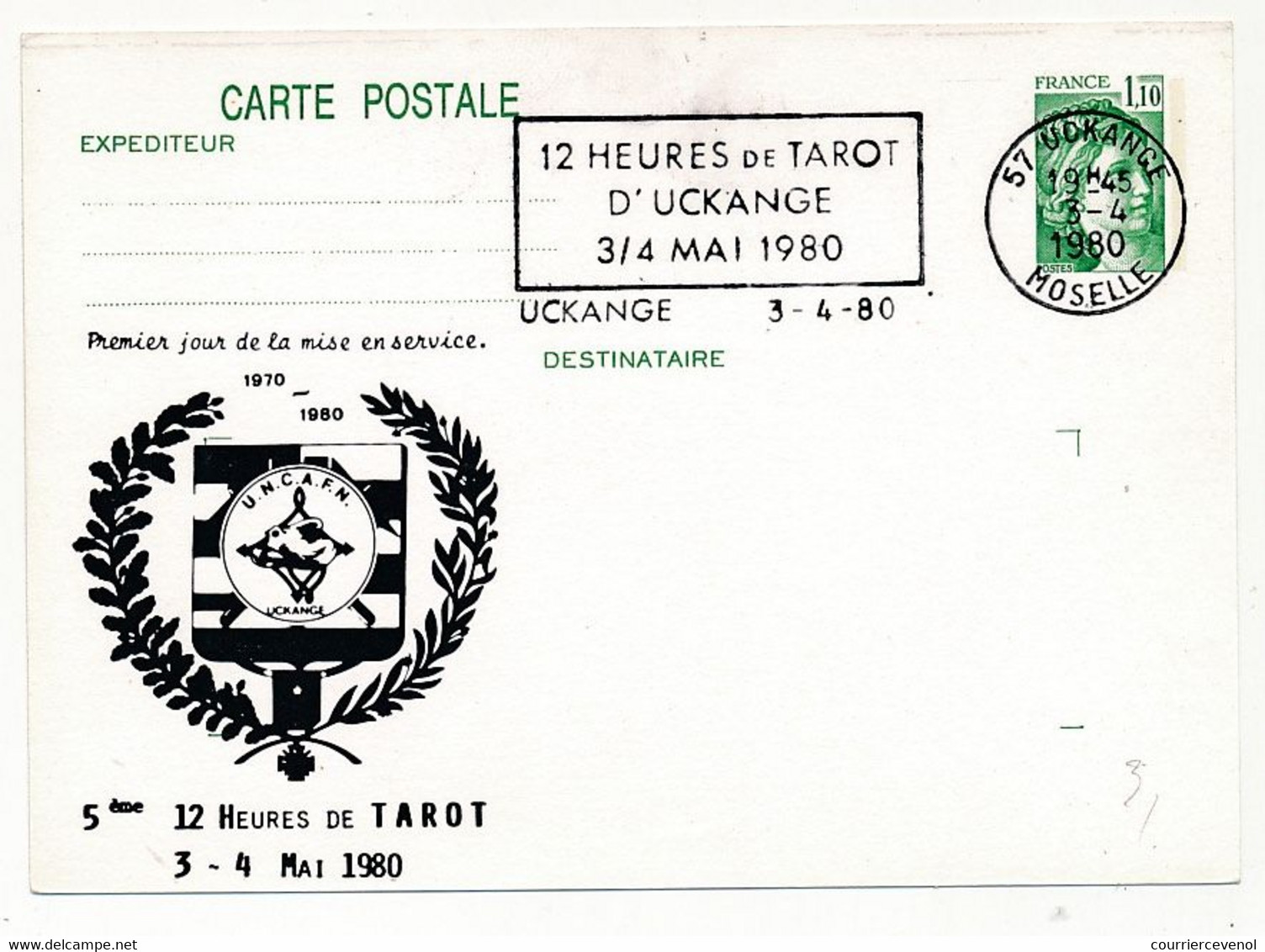 Entier Repiqué - CP 1,10 Sabine - 12 Heures De Tarot D'UCKANGE - OMEC - 3/4/1980 - Postales  Transplantadas (antes 1995)