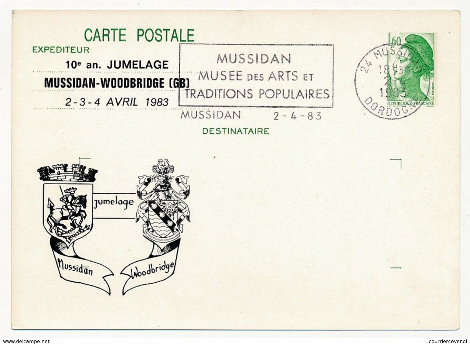 Entier Repiqué - CP 1,60 Liberté - Jumelage Mussidan-Woodbridge - OMEC Musée Arts Populaires - MUSSIDAN 2/4/1983 - Postales  Transplantadas (antes 1995)