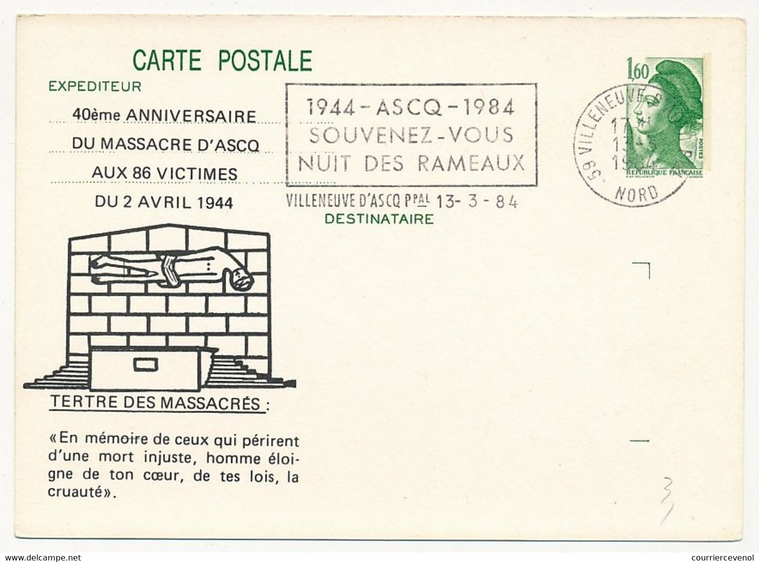 Entier Repiqué - CP 1,60 Liberté - 40eme Anniversaire Massacre D'Ascq - OMEC "Souvenez Vous..." VILLENEUVE D'ASCQ 1984 - Postales  Transplantadas (antes 1995)