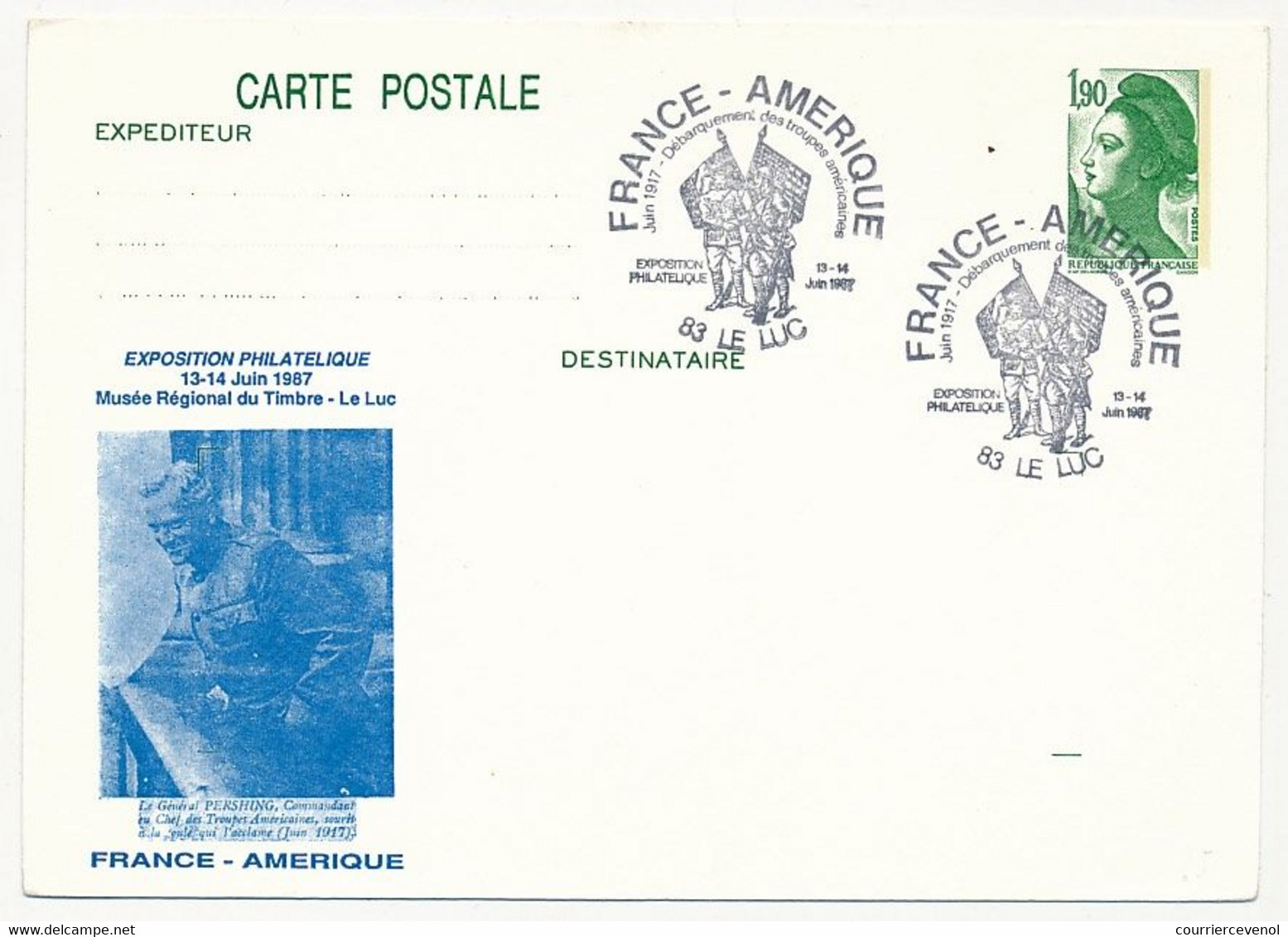Entier Repiqué - CP 1,90 Liberté - Exposition "France Amérique" Juin 1917/Juin 1987 - 83 LE LUC 13/14 Juin 1987 - Postales  Transplantadas (antes 1995)
