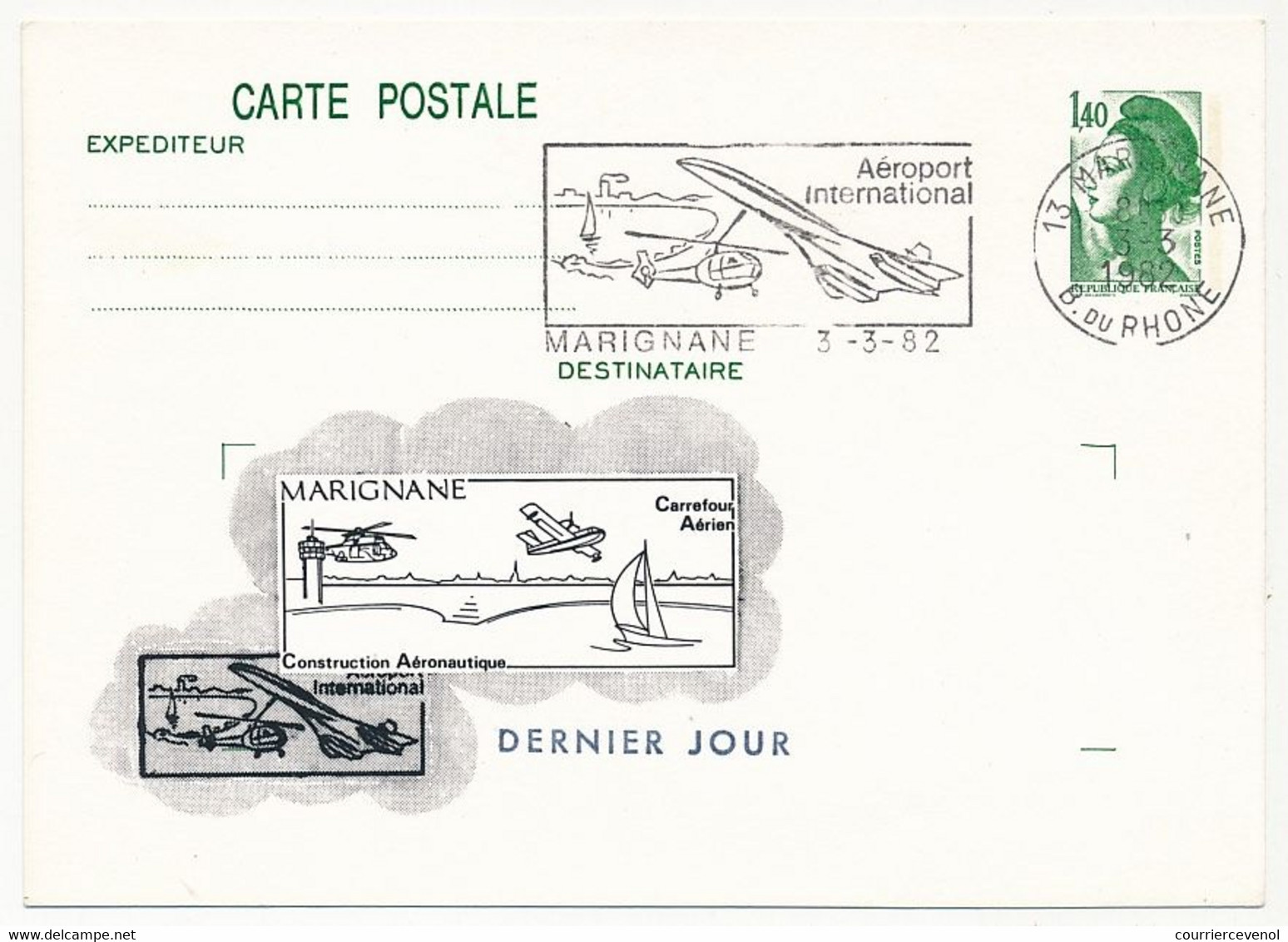 Entier Repiqué - CP 1,40 Liberté - Dernier Jour OMEC MARIGNANE Aéroport International - 3/3/1982 - Overprinter Postcards (before 1995)