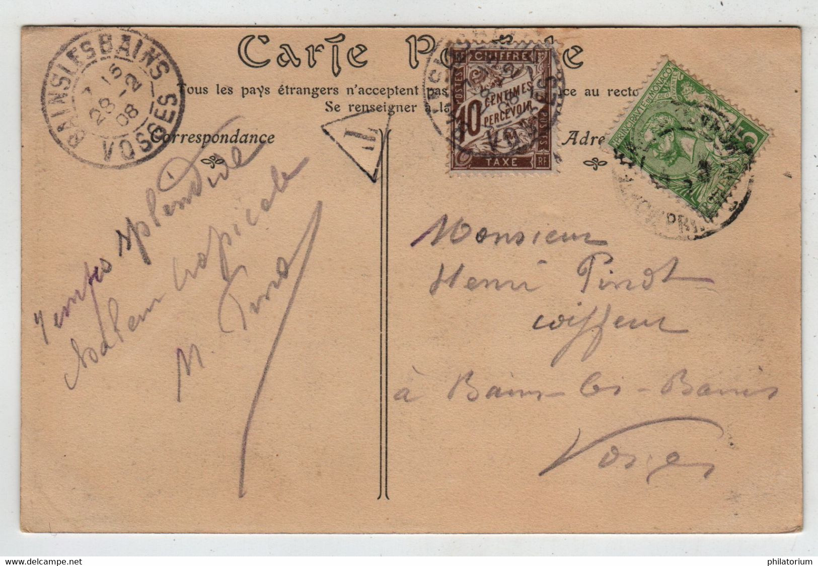 MONTE CARLO; Février 1908; CP Insuffisamment Affranchie; Taxée à Bains Les Bains; Taxe Yvert 29; - Sonstige & Ohne Zuordnung