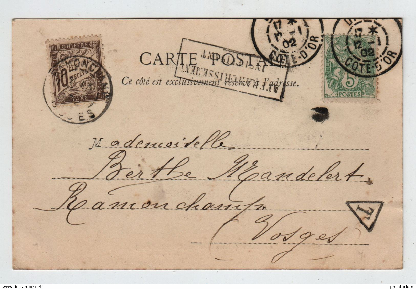 21 DIJON; 12 Janvier 1902; CP Insuffisamment Affranchie; Taxée à 88 RAMONCHAMP; Taxe Yvert 29; - Other & Unclassified