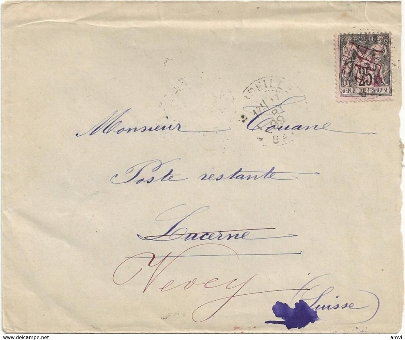 22-7-2184 - 1899 -  Lettre 25 Centimes Fond Rose Oblitération Manuelle Rouge - 1898-1900 Sage (Type III)