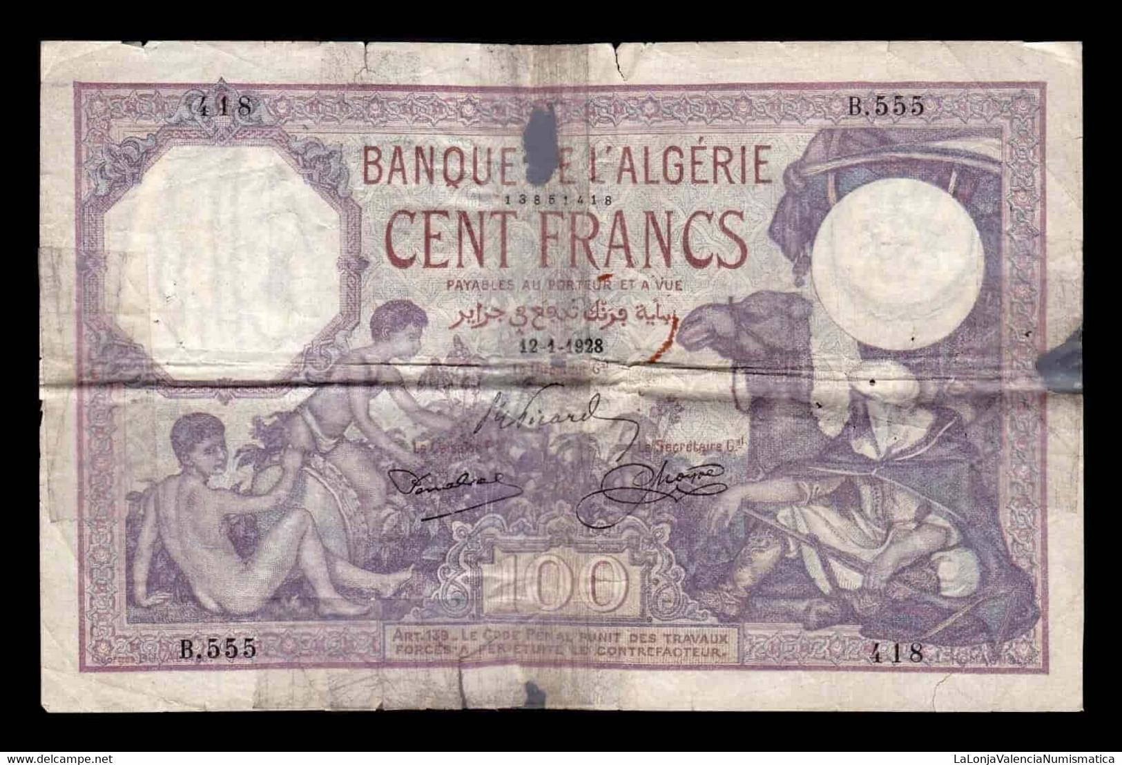 Argelia Algeria 100 Francs 1928 Pick 81b BC- G - Algerije