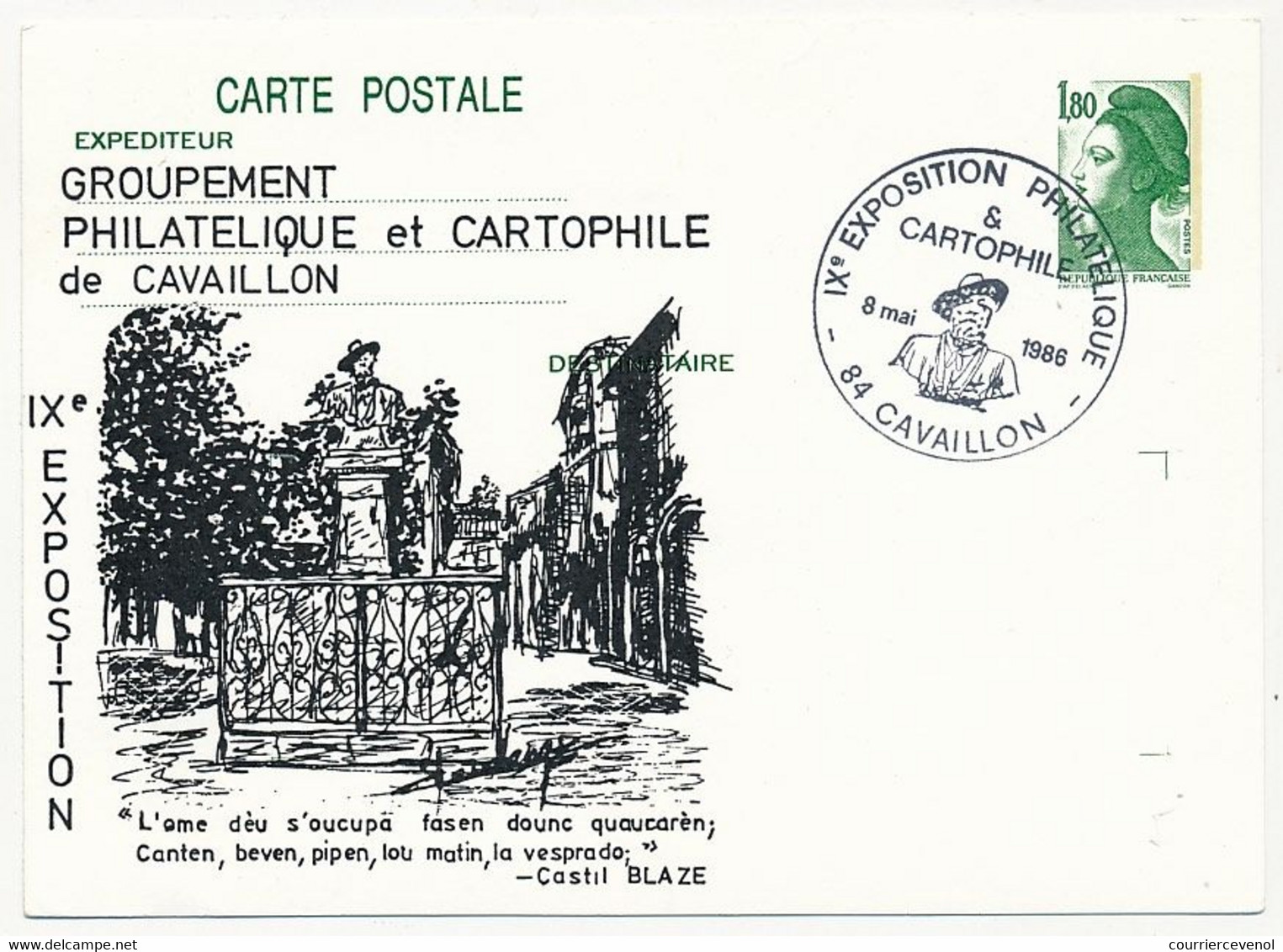 Entier Repiqué - C.P. 1,80 Liberté - IXeme Exposition Philatélique Et Cartophile - CAVAILLON - 8 Mai 1986 - Bijgewerkte Postkaarten  (voor 1995)
