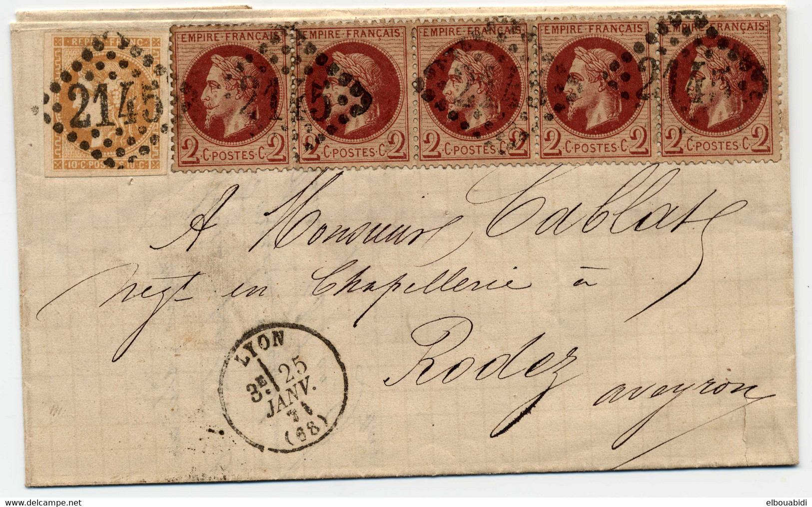 2c Napoléon Lauré N°25 Et 10c Bordeaux N°43 - 1863-1870 Napoleon III With Laurels