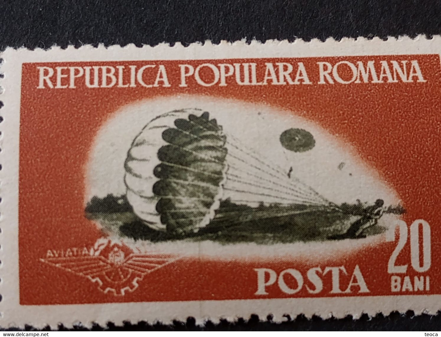 Errors Romania 1953 # Mi 1451 Printed  With Vertical Line Sport Aviation, Parachuting Unused - Plaatfouten En Curiosa