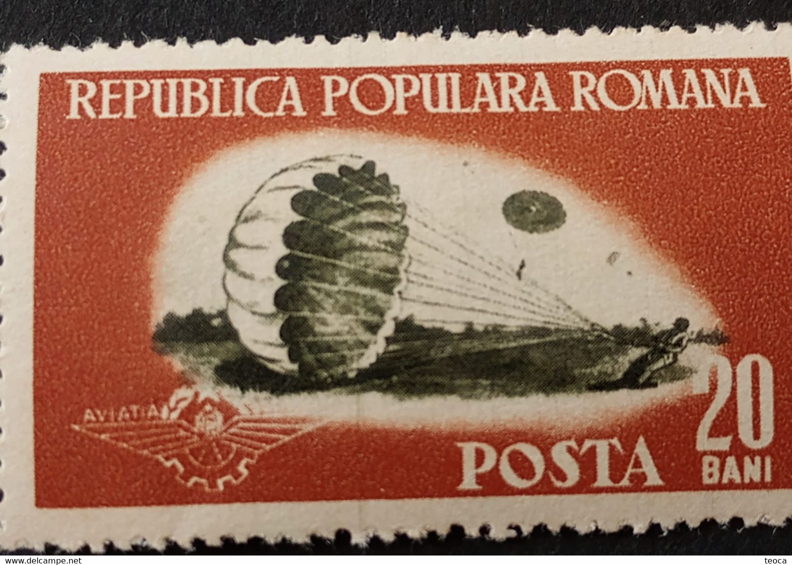 Errors Romania 1953 # Mi 1451 Printed  With Vertical Line Sport Aviation, Parachuting Unused - Abarten Und Kuriositäten