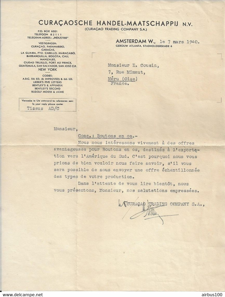 LETTRE AMSTERDAM 7 MARS 1940 - CURACAOSCHE HANDEL MAATSCHAPPIJ N.V. → MÉRU OISE - Niederlande