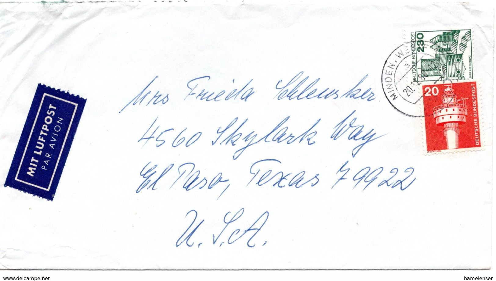 60300 - Bund - 1980 - 230Pfg B&S MiF A LpBf MINDEN -> El Paso, TX (USA) - Covers & Documents