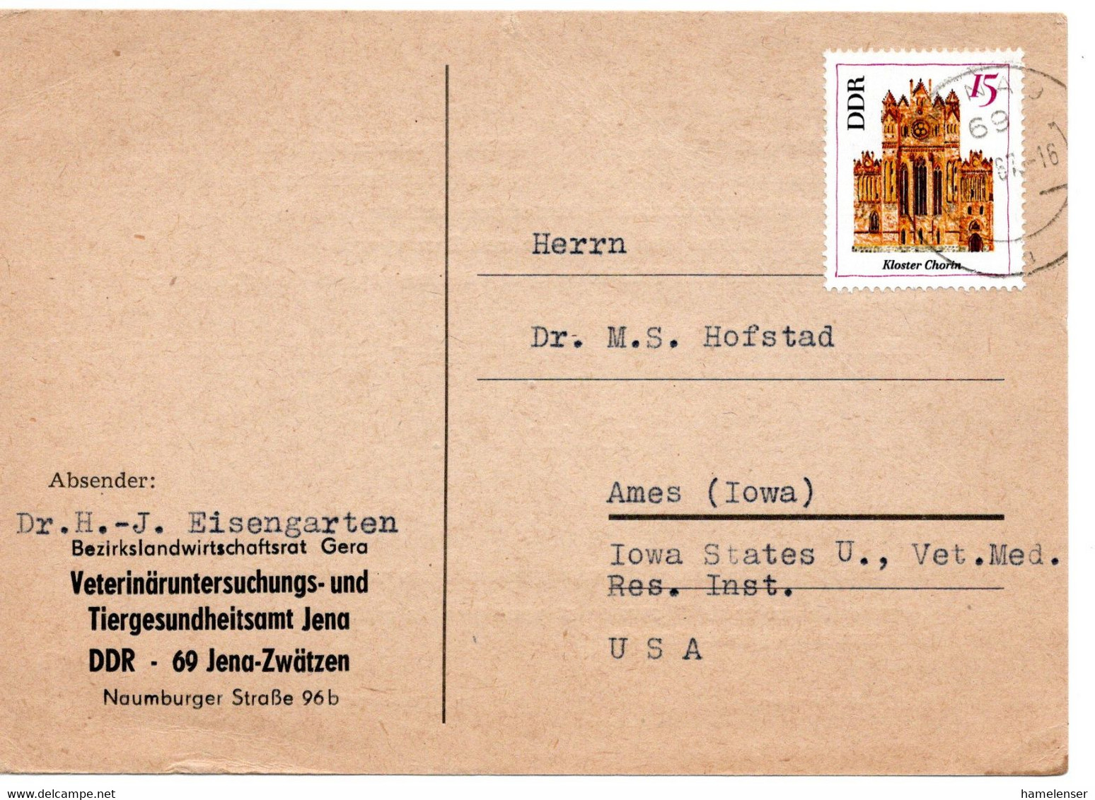 60306 - DDR - 1967 - 15Pfg Kloster Chorin EF A Kte JENA -> Ames, IA (USA) - Storia Postale