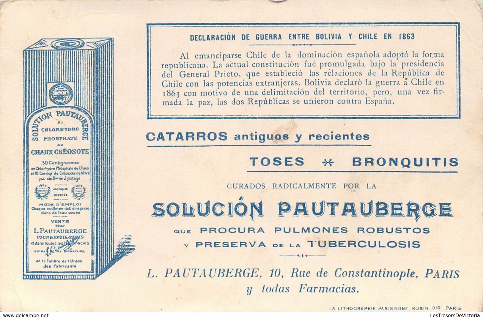 CHROMO - Solucion Pautauberge - Declaracion De Guerra Entre Bolivia Y Chile En 1863 - Storia