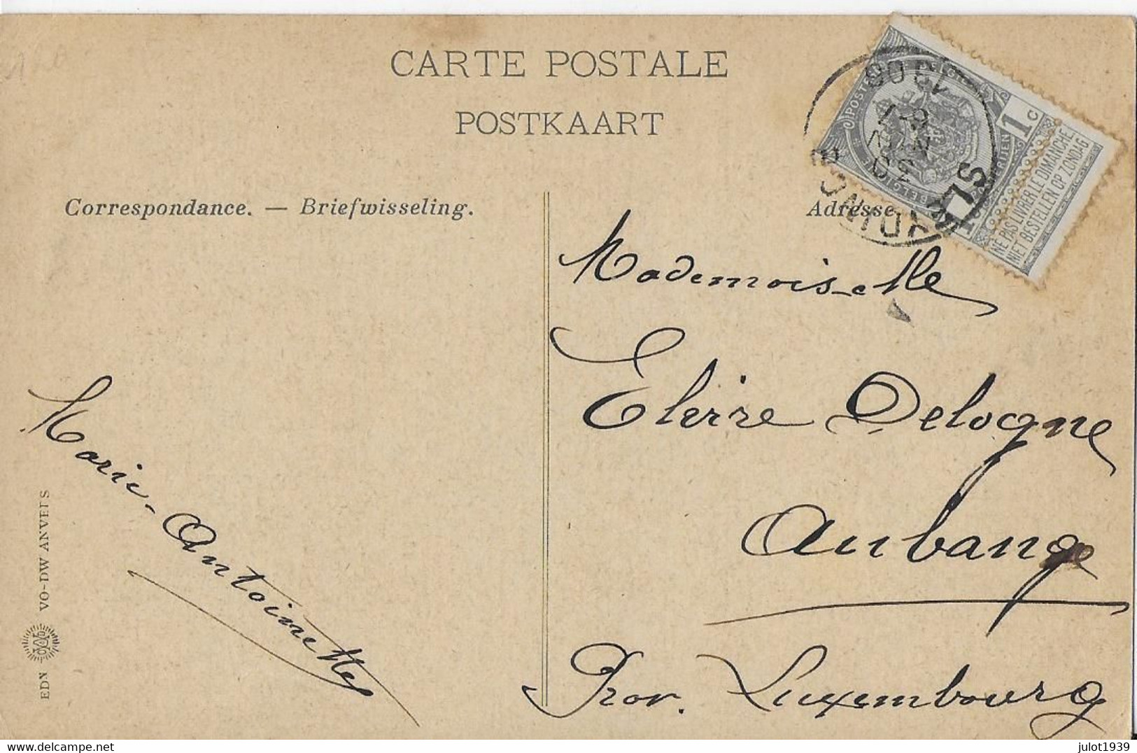 AUBANGE ..-- GAND ..-- 1906 De SLEYDINGE Vers  Melle Elvire DELOGNE . Signé : Marie-Antoinette . - Aubange