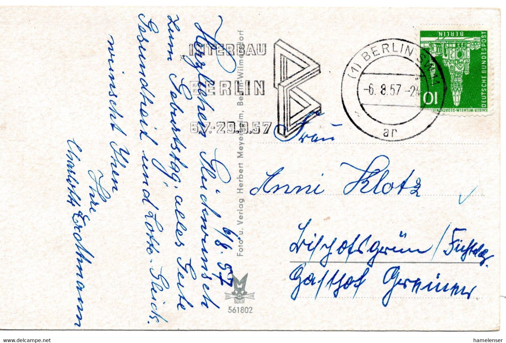 60318 - Berlin - 1957 - 10Pfg Bauten (Mgl.) EF A AnsKte BERLIN - INTERBAU BERLIN ... -> Bischofsgruen - Cartas & Documentos