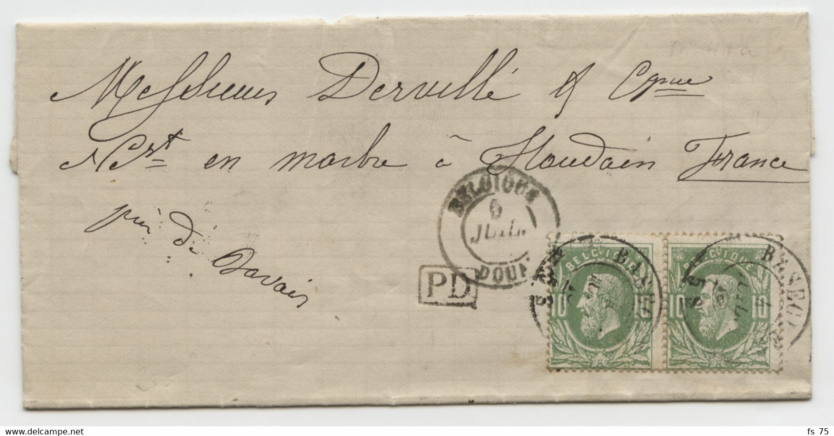 BELGIQUE - COB 30X2 DOUBLE CERCLE BASECHES + BELGIQUE DOUAI SUR LETTRE FRONTALIERE POUR HOUDAIN, 1875 - 1869-1883 Leopold II