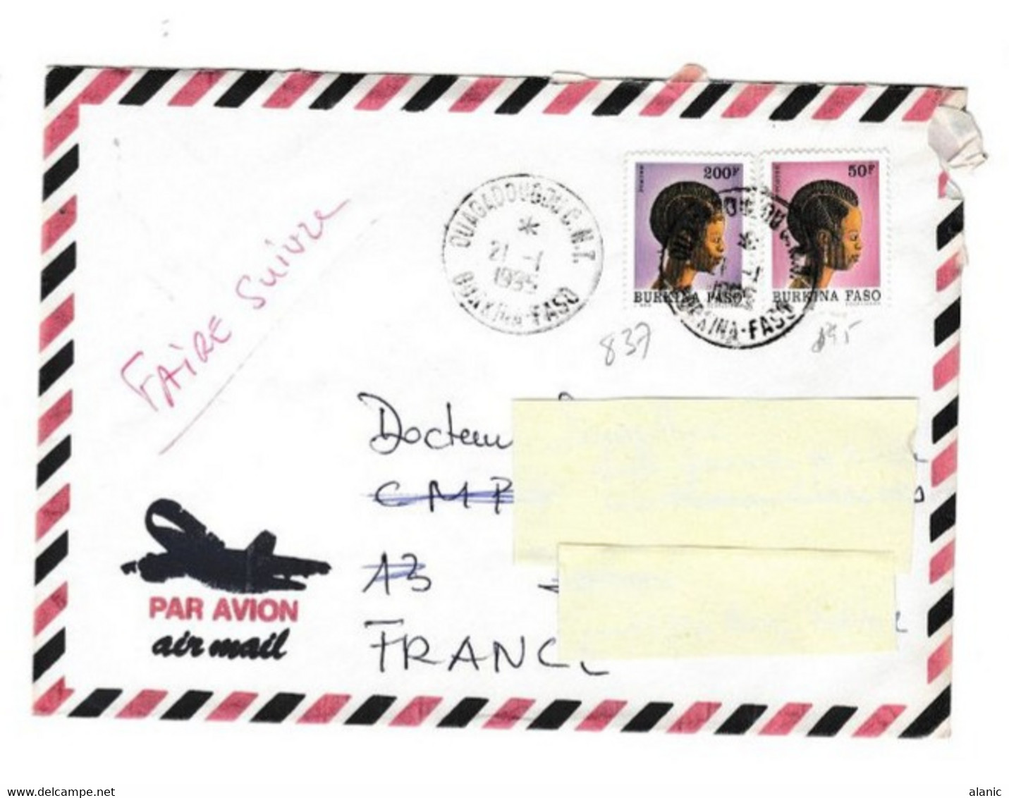 Burkina Faso -LETTRE  OUAGADOUGOU 21/01/1995 Pour FRANCE/N° 837 +895 - Burkina Faso (1984-...)