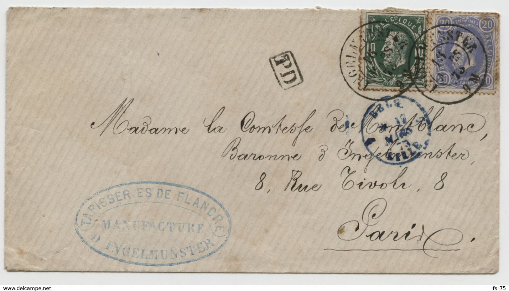 BELGIQUE - COB 30+31 DOUBLE CERCLE INGELMONSTER SUR LETTRE POUR PARIS, 1873 - 1869-1888 Lion Couché (Liegender Löwe)