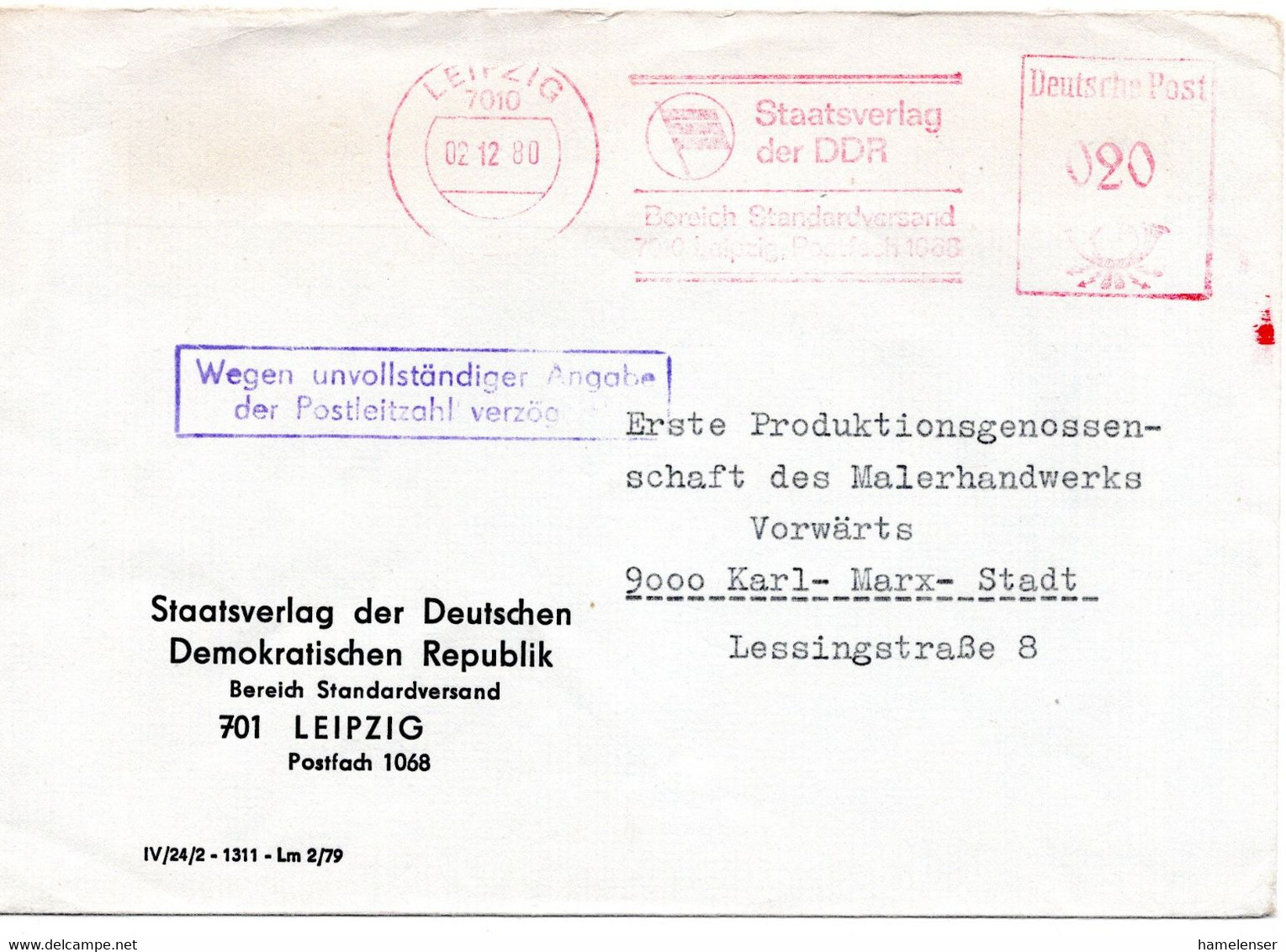 60335 - DDR - 1980 - 20Pfg AbsFreistpl A Bf LEIPZIG - STAATSVERLAG DER DDR ... -> Karl-Murx-Stadt - Storia Postale