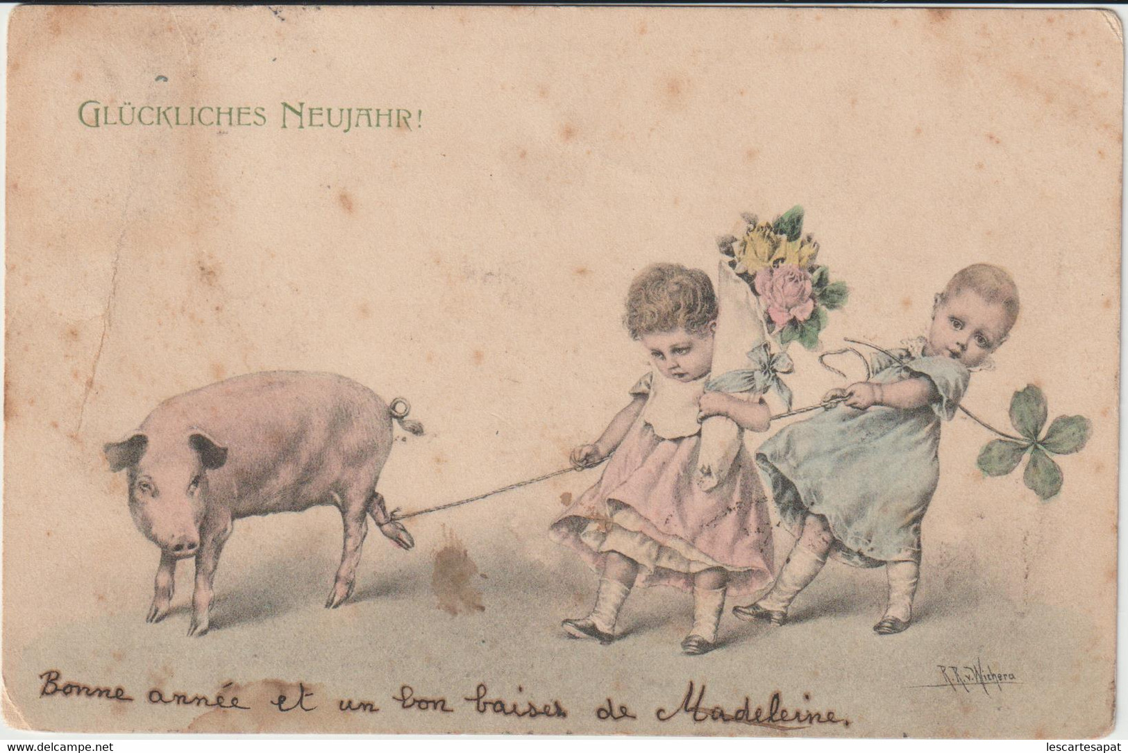 Bonne Et Heureuse Année - Fillettes Tenant Un Cochon En Laisse - M.M. Vienne N°123 - Wichera (LOT S11) - Wichera