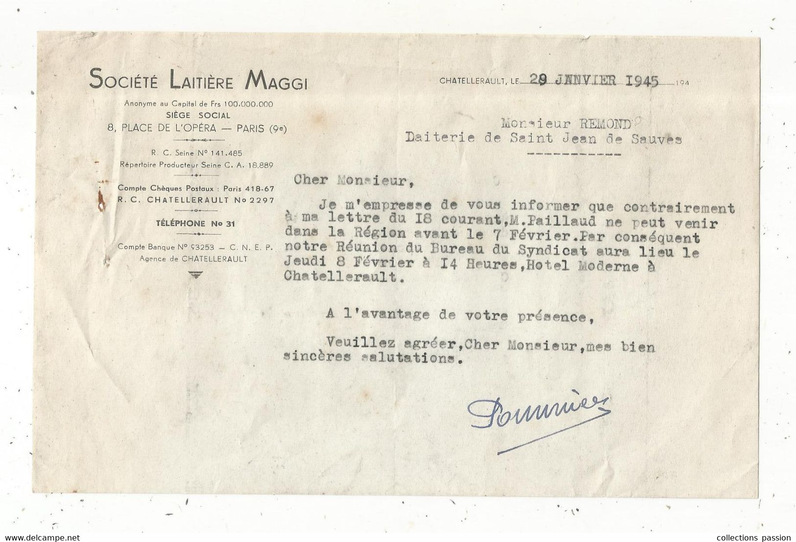 Courrier , En Tête De Facture , SOCIETE LAITIERE MAGGI, Chatellerault,1945 , 8 Place De L'Opéra, Paris,  Frais Fr 1.75 E - Levensmiddelen