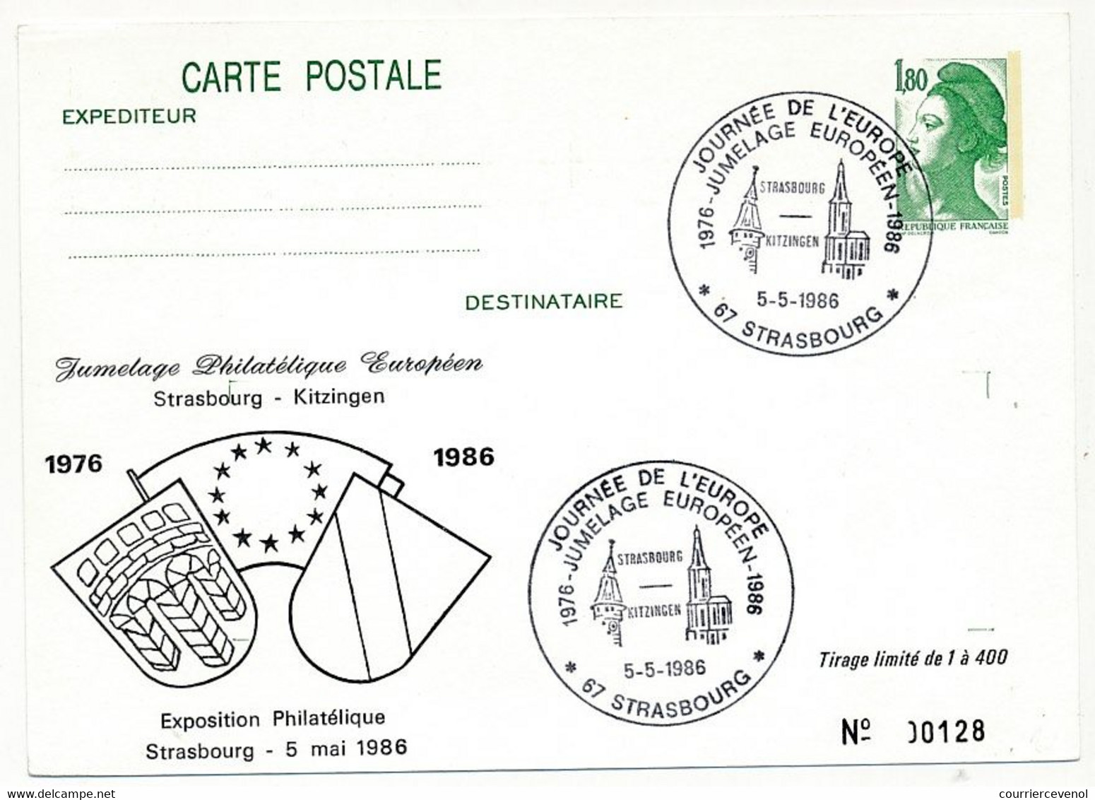 Entier Repiqué - C.P. 1,80 Liberté - Journée De L'Europe, Jumelage Européen - STRASBOURG - 5/5/1986 - Postales  Transplantadas (antes 1995)