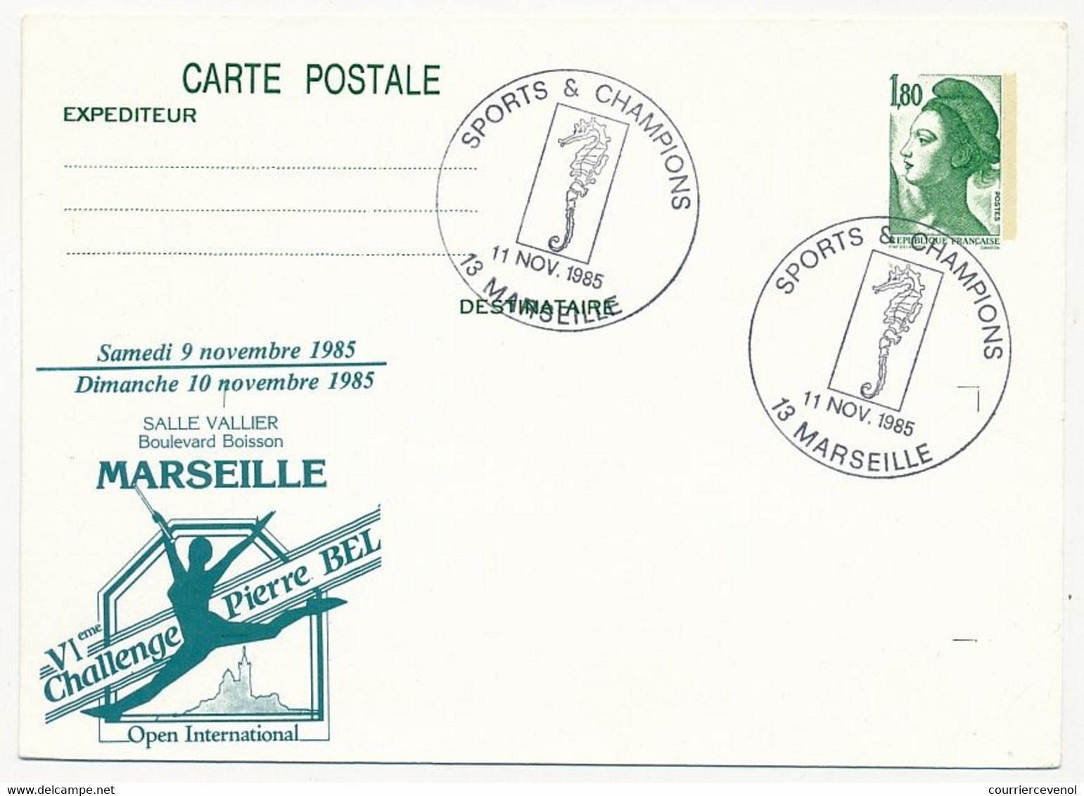 FRANCE - CP 1,80 Liberté Oblit Temporaire  "SPORTS ET CHAMPIONS - 13 MARSEILLE - 1985" / Challenge Pierre Bel - Postales  Transplantadas (antes 1995)