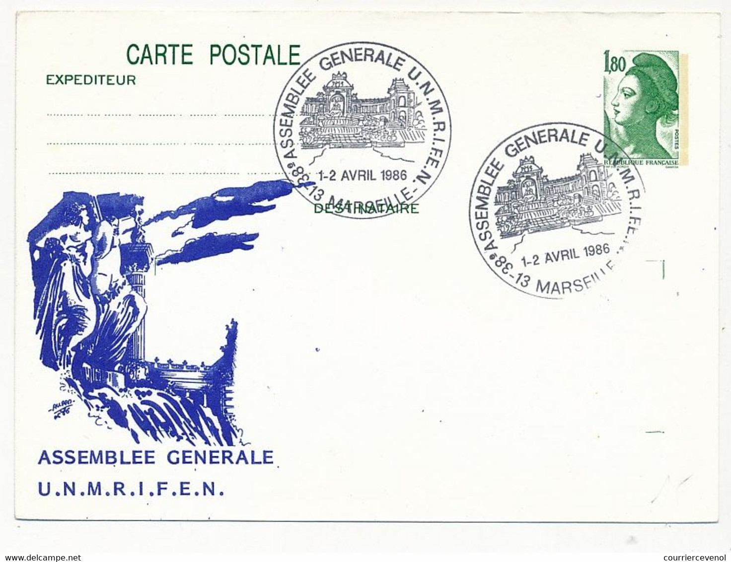 FRANCE - CP 1,80 Liberté - Assemblée Générale UNMRIFEN ( Illustrée Palais Longchamp) MARSEILLE - 1/2 Avril 1986 - Postales  Transplantadas (antes 1995)