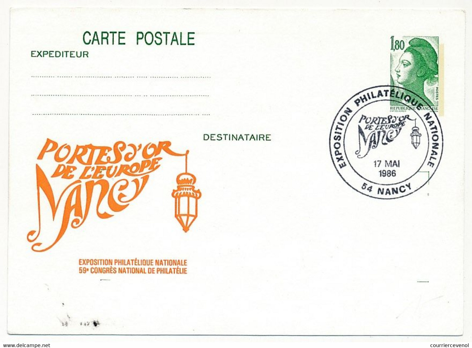 Entier Repiqué - C.P. 1,80 Liberté - Exposition Philatélique Nationale Portes D'Or De L'Europe NANCY - 17 Mai 1986 - Cartoline Postali Ristampe (ante 1955)