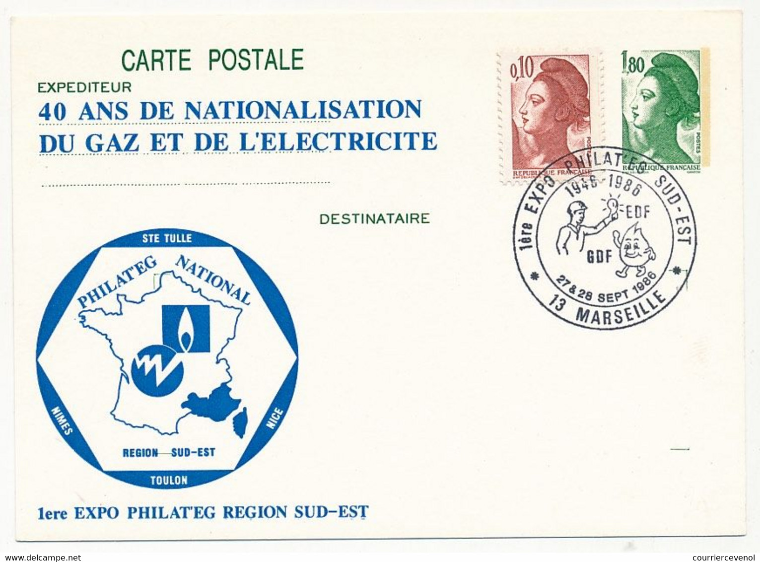 Entier Repiqué - C.P. 1,80 Liberté - 40 Ans De Nationalisation EDF-GDF - Philateg International - MARSEILLE 1986 - Postales  Transplantadas (antes 1995)