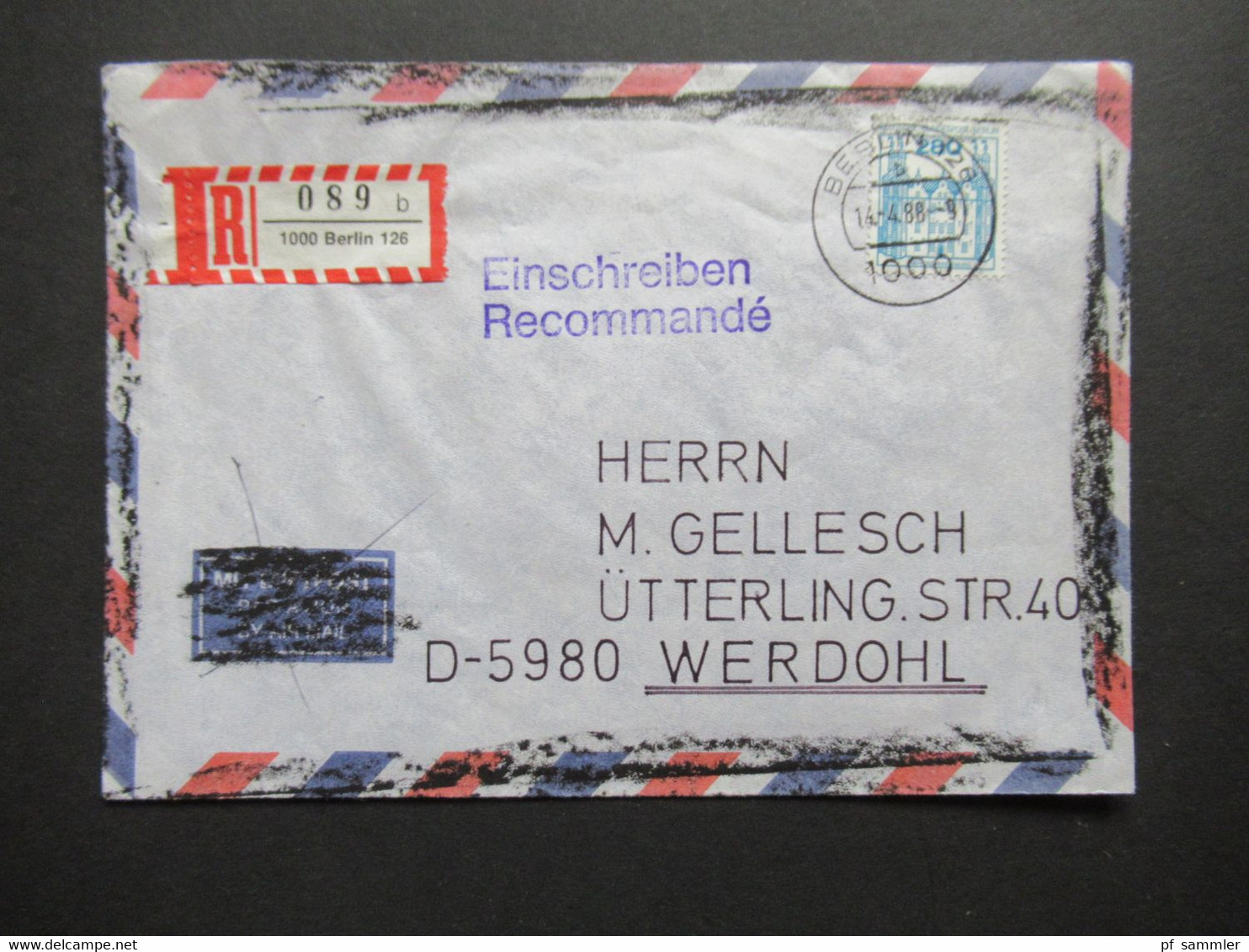 Berlin 1988 BuS Michel Nr. 676 EF Einschreiben Recommandé Berlin 126 - Werdohl Luftpost Umschlag Geschwärzt!! - Briefe U. Dokumente