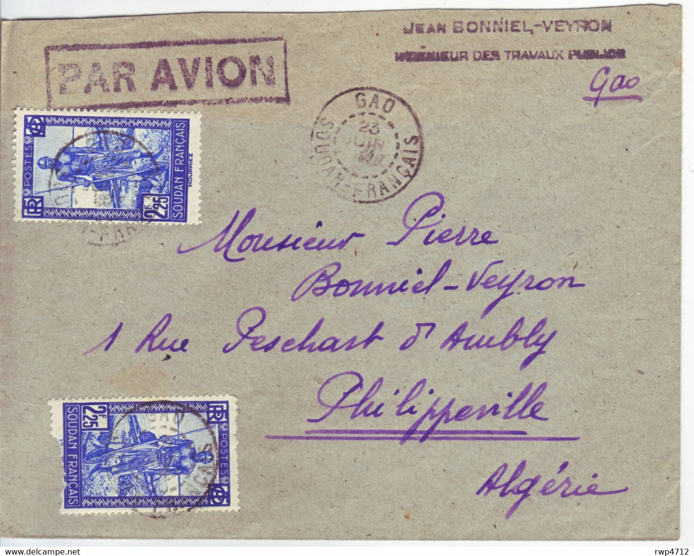 SOUDAN FRANCAIS    Luftpostbrief  Airmail Cover  Lettre  Gao To Algeria - Covers & Documents