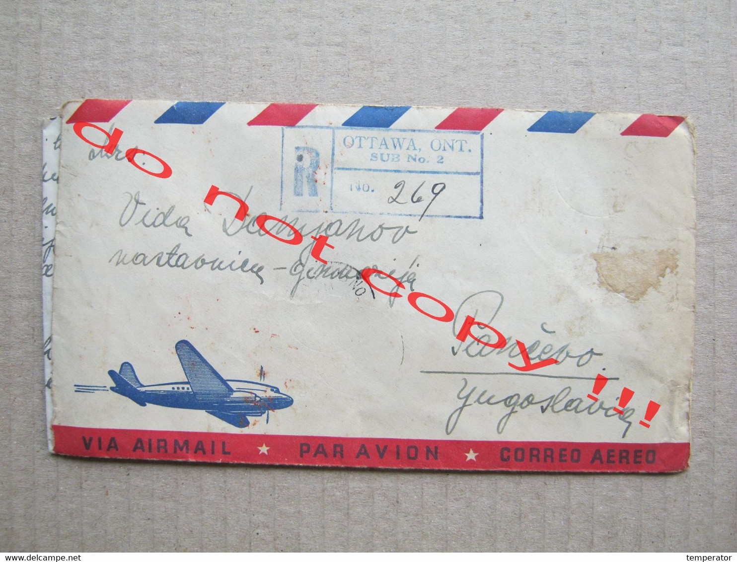 Recommended Envelope With Content VIA AIRMAIL, PAR AVION / From Ottawa, Ontario To Pančevo, Serbia ( 1951 ) - Entrega Especial/Entrega Inmediata