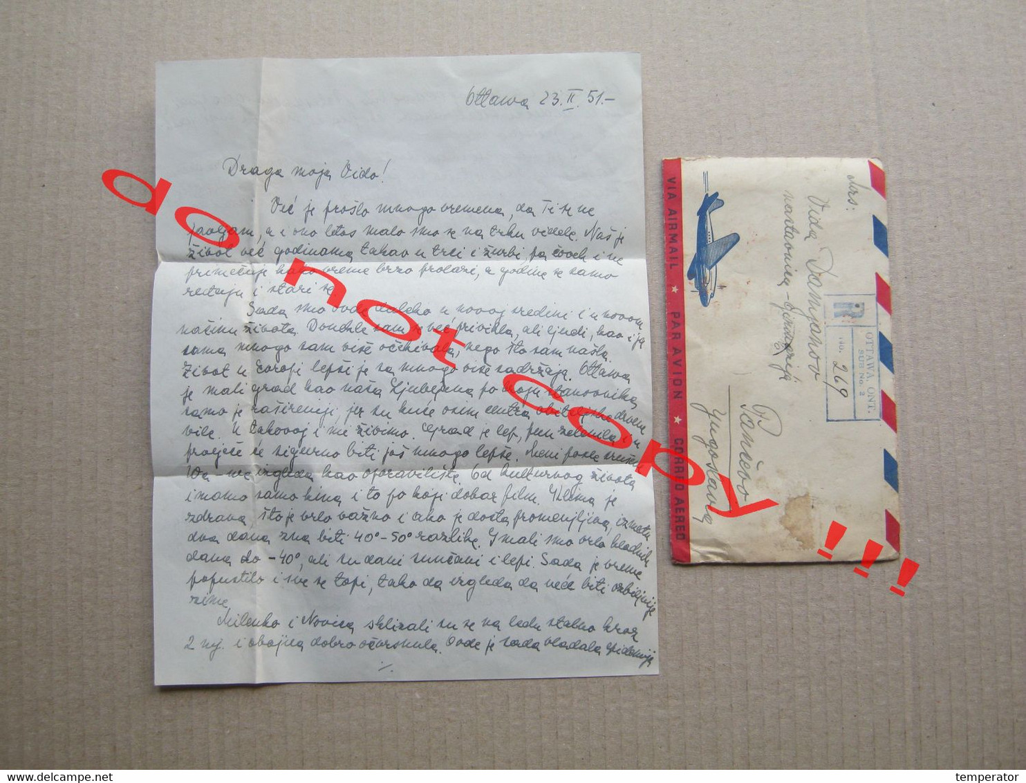 Recommended envelope with content VIA AIRMAIL, PAR AVION / from Ottawa, Ontario to Pančevo, Serbia ( 1951 )