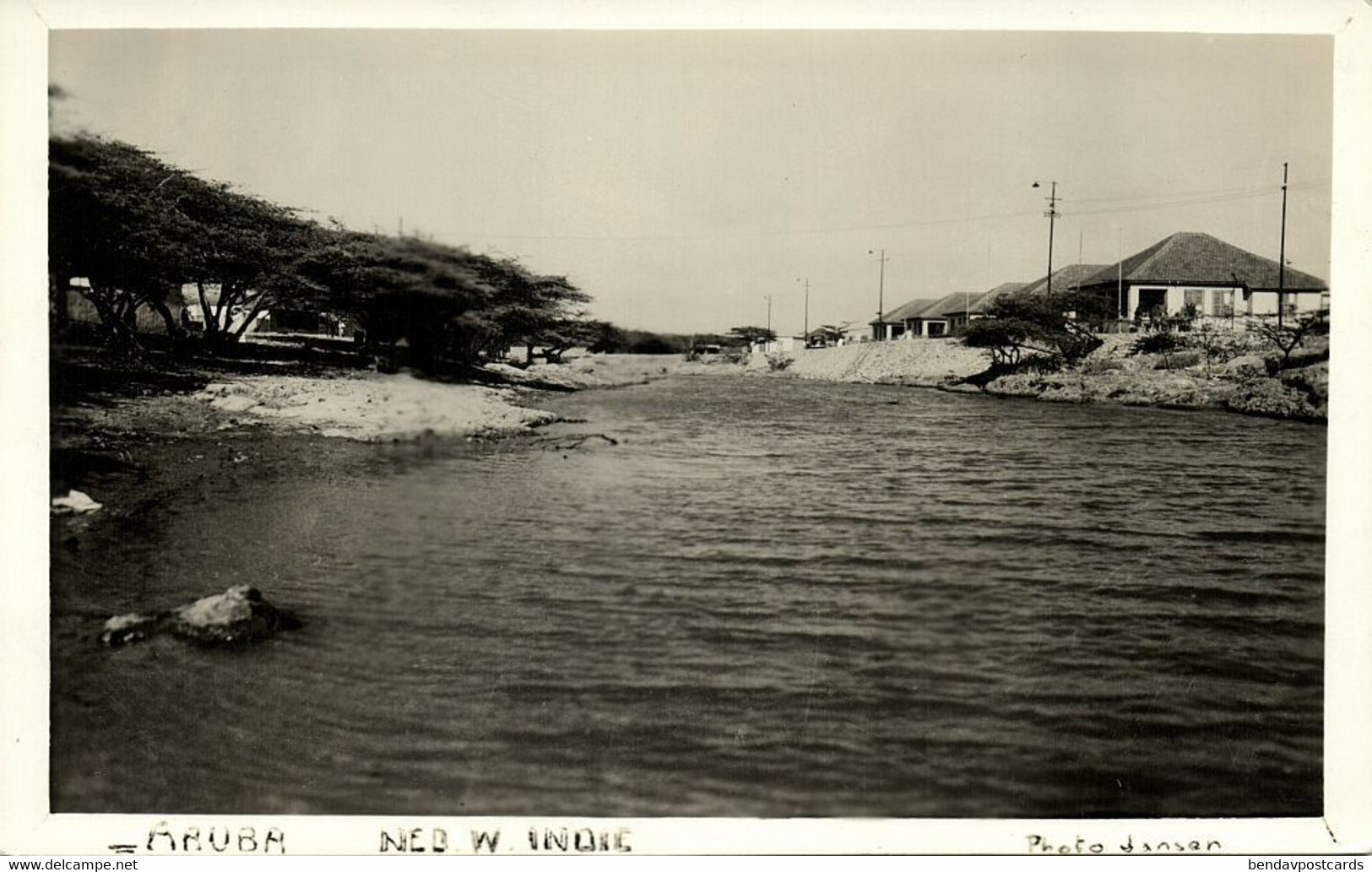 Aruba, N.W.I., River Scene With Houses (1940s) RPPC Postcard - Aruba