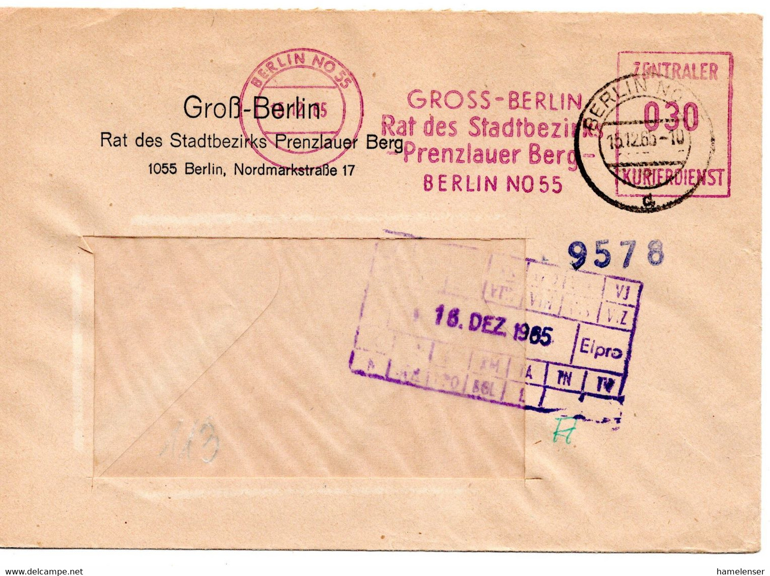 60339 - DDR - 1965 - 30Pfg AbsFreistpl A ZKD-Bf BERLIN - GROSS-BERLIN RAT ... PRENZLAUER BERG -> BERLIN - Autres & Non Classés