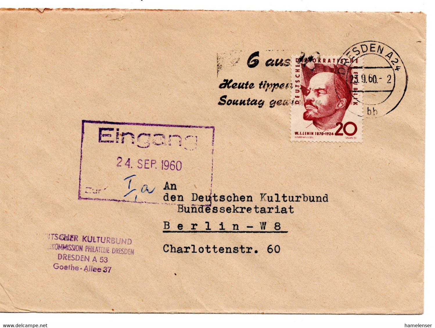 60346 - DDR - 1960 - 20Pfg Lenin EF A Bf DRESDEN - 6 AUS 49 HEUTE TIPPEN SONNTAG GEWINNEN -> Berlin - Cartas & Documentos