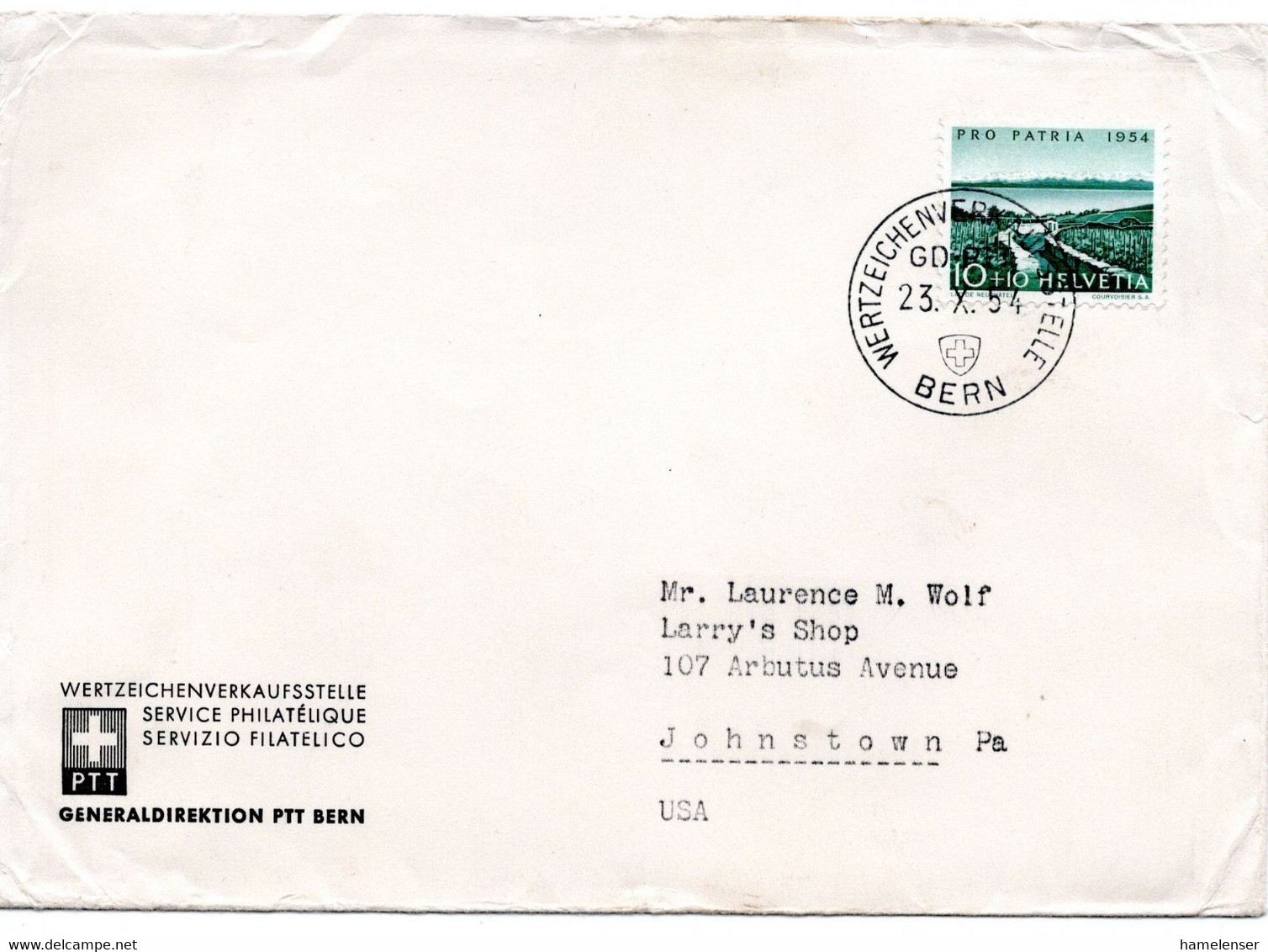 60349 - Schweiz - 1954 - 10Rp Pro Patria '54 EF A DrucksBf BERN -> Johnston, PA (USA) - Cartas & Documentos