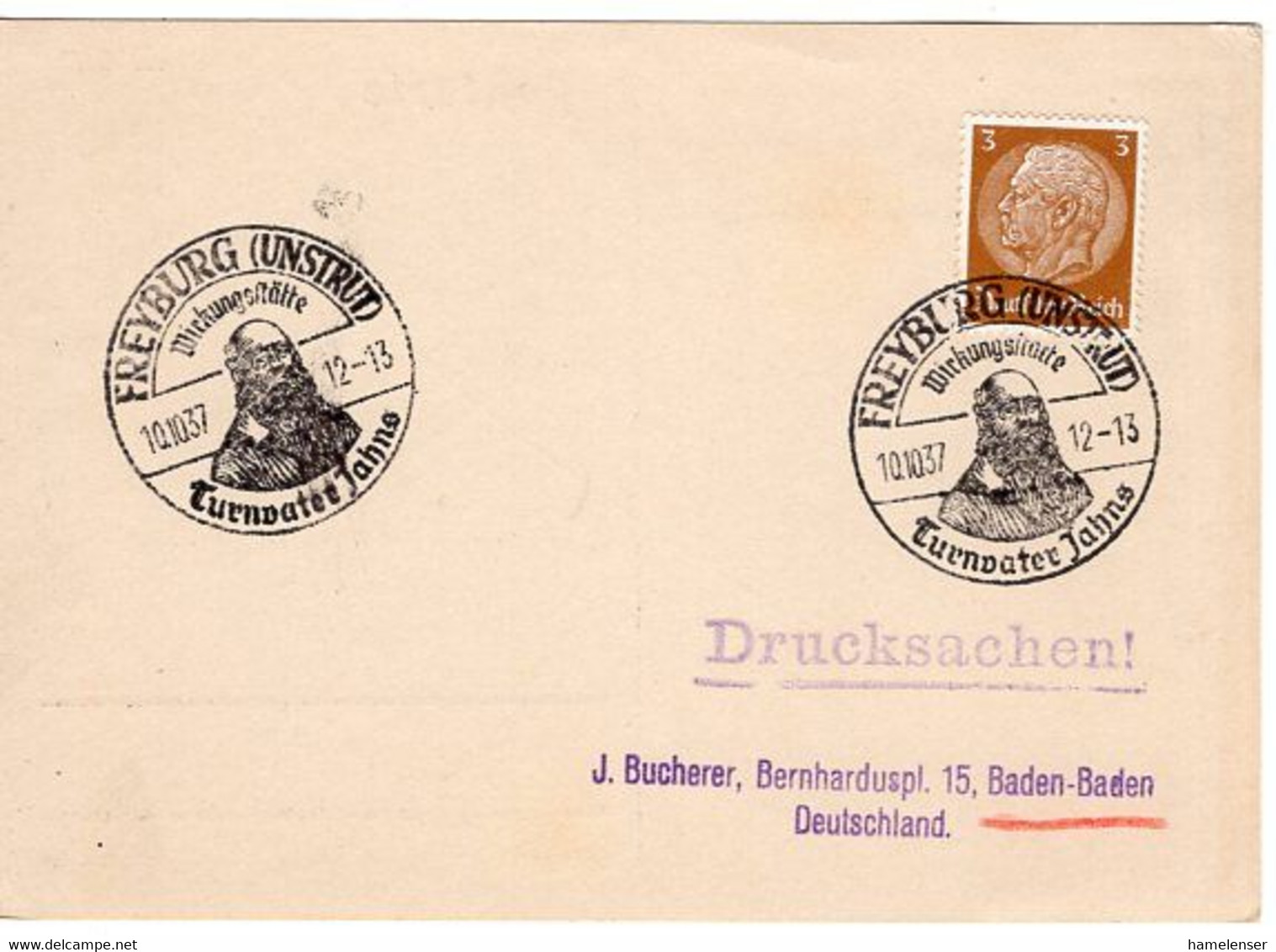 53119 - Deutsches Reich - 1937 - 3Pfg Hindenburg EF A DrucksKte FREYBURG - TURNVATER JAHNS ... -> Baden-Baden - Gymnastique