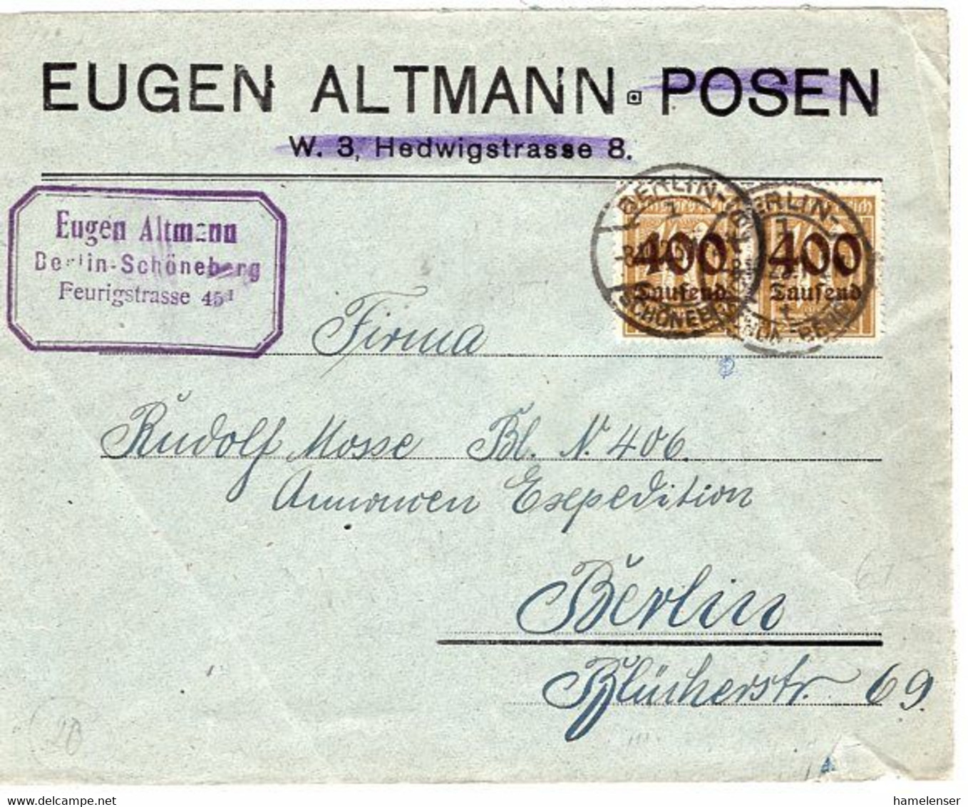 53122 - Deutsches Reich - 1923 - 2@400.000M/40Pfg A OrtsBf BERLIN - Covers & Documents