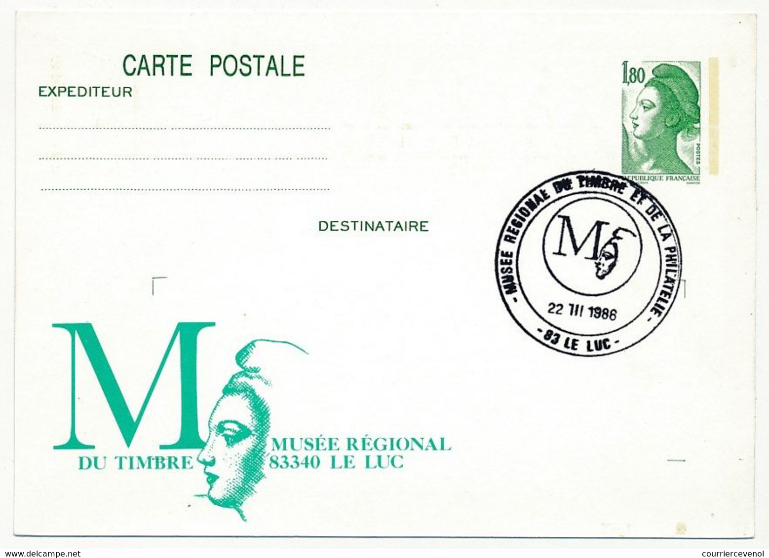 Entier Repiqué - 1,80 Liberté - Musée Régional Du Timbre - Cachet Temporaire - 83 LE LUC - 22/3/1986 - Cartes Postales Repiquages (avant 1995)