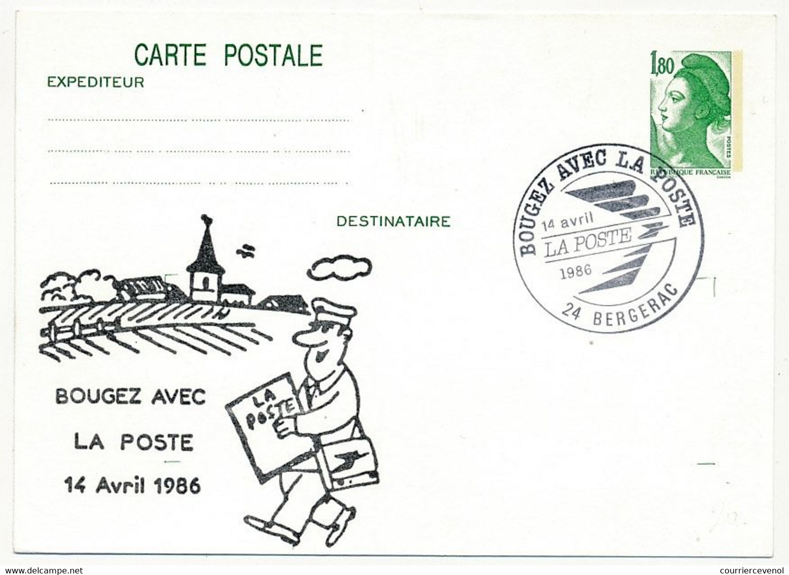 Entier Repiqué - 1,80 Liberté - Bougez Avec La Poste - 24 BERGERAC - 14 Avril 1986 - Postales  Transplantadas (antes 1995)