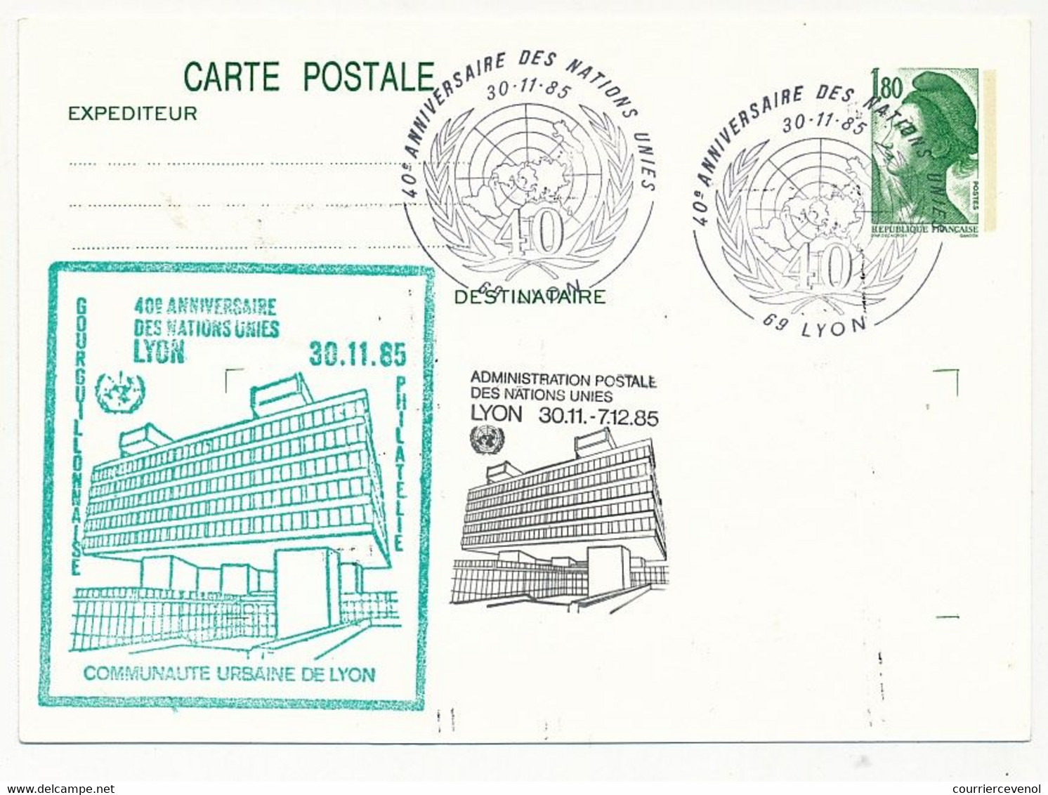 Entier Repiqué - 1,80 Liberté - 40° Anniversaire Des Nations Unies - 69 LYON - 30/11/1965 + Cachet ONU - AK Mit Aufdruck (vor 1995)