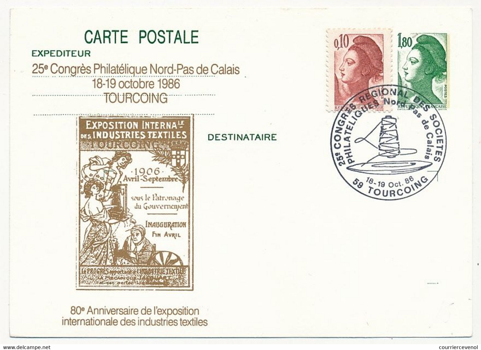 Entier Repiqué - 1,80 Liberté - 80° Anniversaire Industries Textiles - TOURCOING - 18/19 Octobre 1986 - Cartes Postales Repiquages (avant 1995)