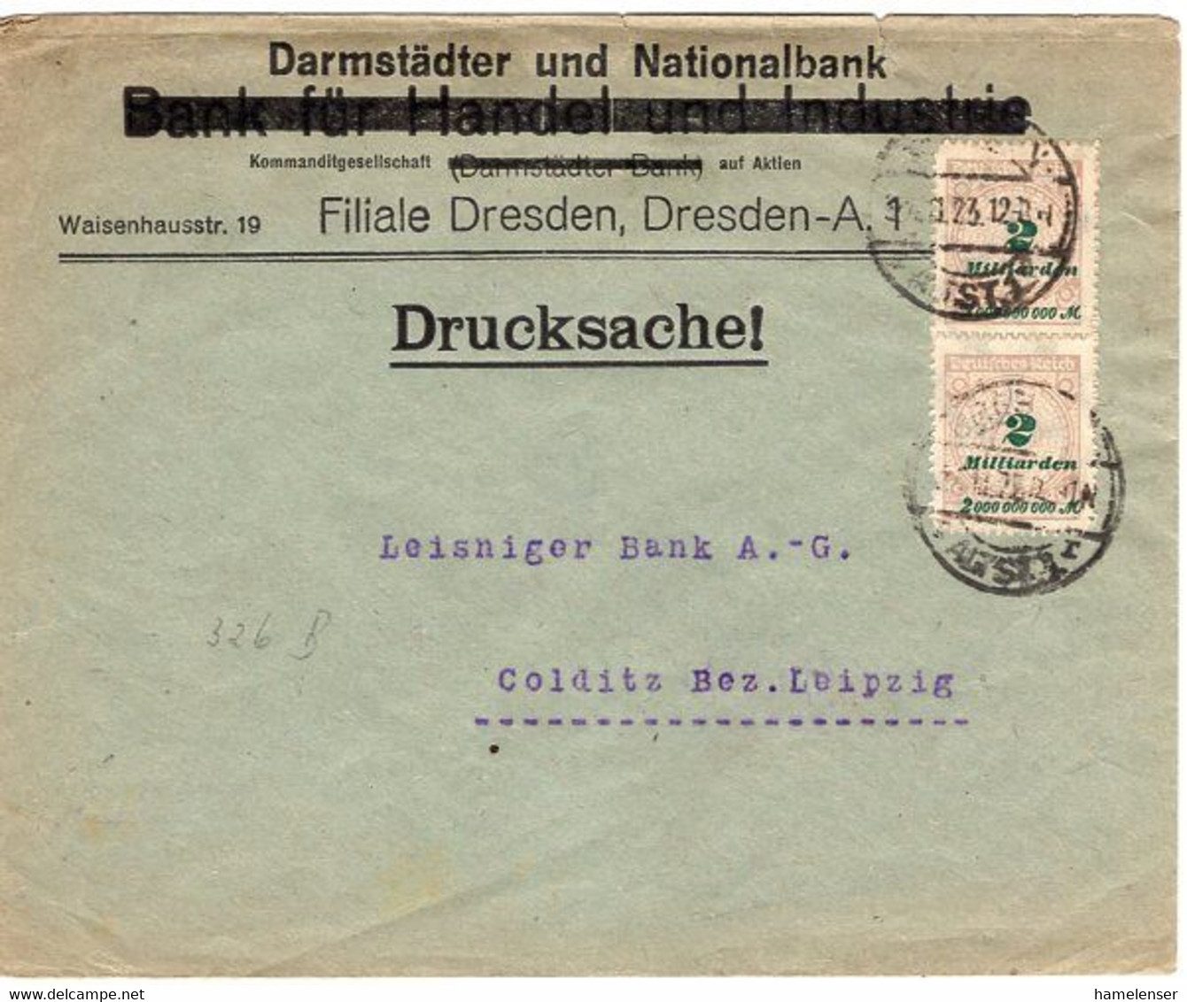 53190 - Deutsches Reich - 1923 - 2@2MrdM Durchstochen A DrucksBf DRESDEN -> Colditz - Briefe U. Dokumente